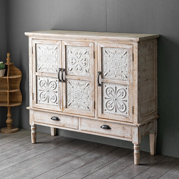 Farmhouse Distressed White Cabinet Artistic Surface with 2 Doors 2 Drawers 2 Shelves